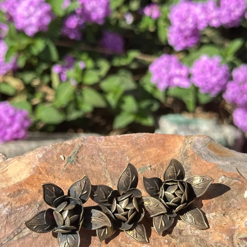 Antique Brass Floral Rose Brooch Trio - Bronze Toned Flower Pin 3” x 1”